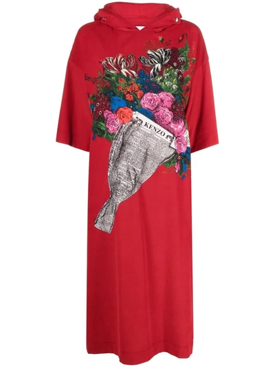 Kenzo Floral-print Hoodie Dress In Red