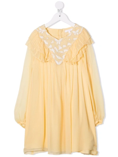 Chloé Kids' Long-sleeve Flared Silk Dress In Yellow