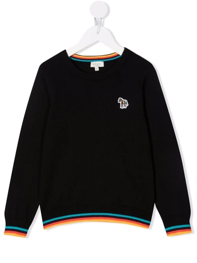 Paul Smith Junior Kids' 斑马贴花条纹边饰毛衣 In Black