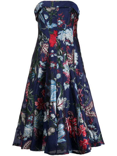 Marchesa Notte Floral-print Bustier-style Dress In Blue