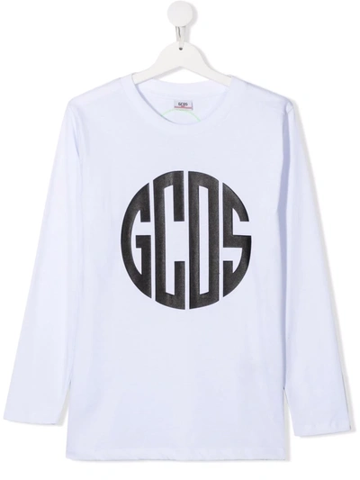 Gcds Teen Logo-print Long-sleeve T-shirt In White
