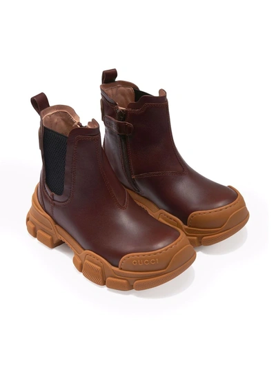 Gucci Kids' Chunky-sole Leather Chelsea Boots In Brown