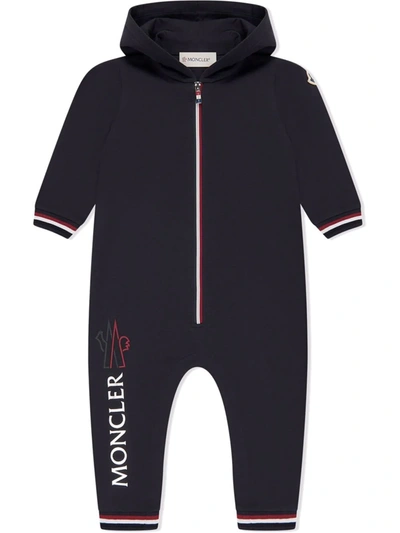 Moncler Babies' Hooded Logo-print Romper In Blue