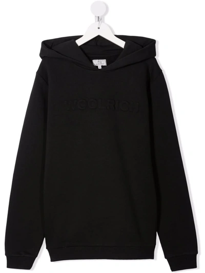 Woolrich Teen Debossed-logo Cotton-blend Hoodie In Black