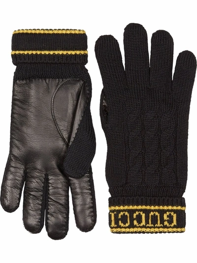 Gucci Leather-panel Wool-knit Gloves In Black