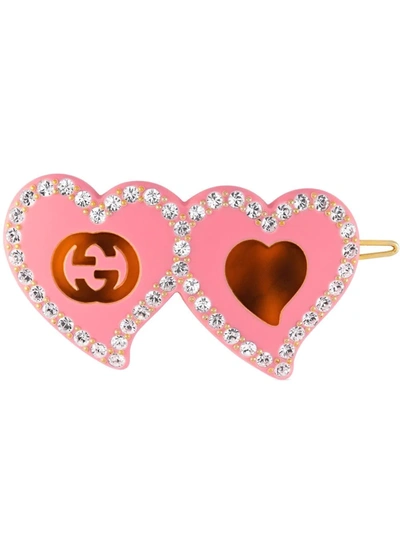 Gucci Logo-embellished Heart Resin Hair Clip In Pink,tortoise