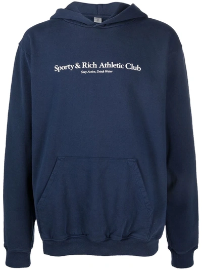 Sporty And Rich Logo-print Cotton Hoodie In Blau