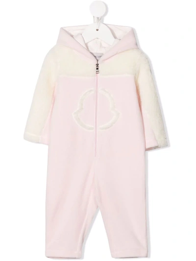 Moncler Babies' Logo连帽拉链开合连体衣 In Pink