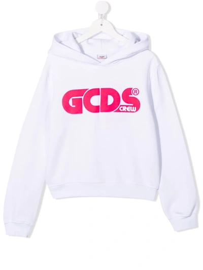 Gcds Kids' Colour-block Logo-print Hoodie In White