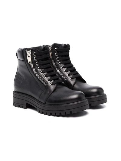 Balmain Teen Lace-up Leather Ankle Boots In Black