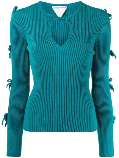 Bottega Veneta Tie-detail Ribbed-knit Jumper In Green