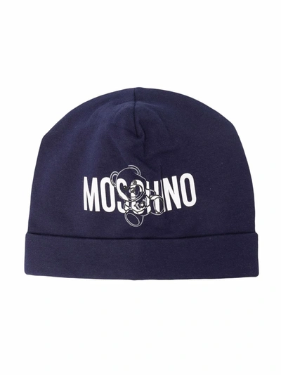 Moschino Kids' Logo-print Cotton Beanie In Blue