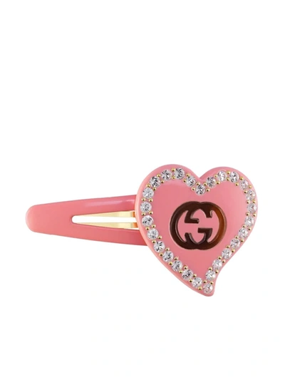 Gucci Logo-embellished Heart Resin Hair Clip In Pink