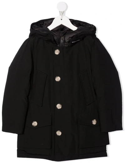 Woolrich Kids' Hooded Buttoned Padded Jacket In Black