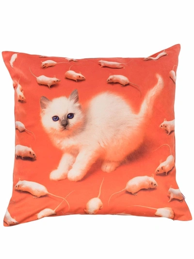 Seletti Cat Print Cushion In Orange
