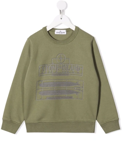 Stone Island Junior Kids' Logo Stam-print Cotton Sweatshirt In Green