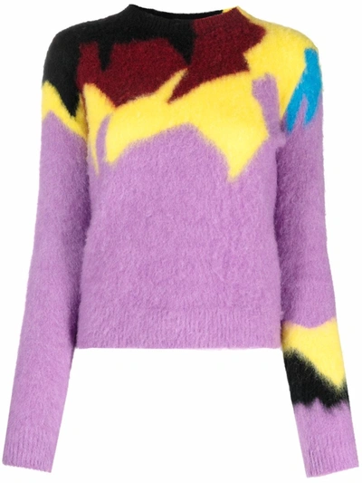 Loewe Abstract-intarsia Round-neck Sweater In Purple,yellow,red