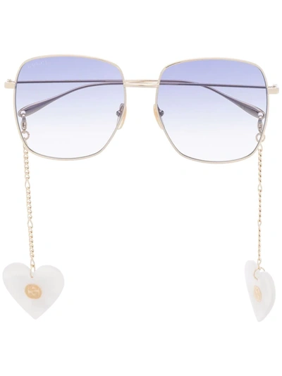 Gucci Heart Pedant Square-frame Sunglasses In Gold