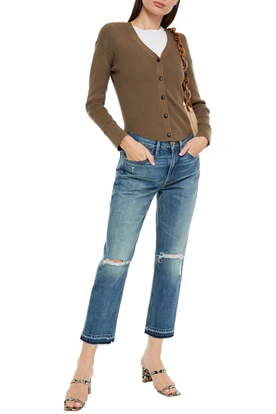 Frame Cropped Distressed Straight-leg Jeans In Mid Denim
