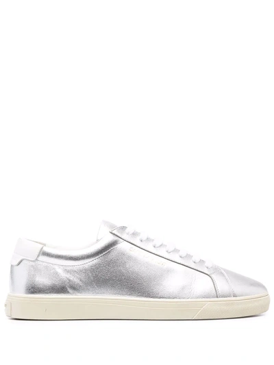 Saint Laurent Andy Metallic Leather Low-top Trainers In Argento/blanc Optiqu