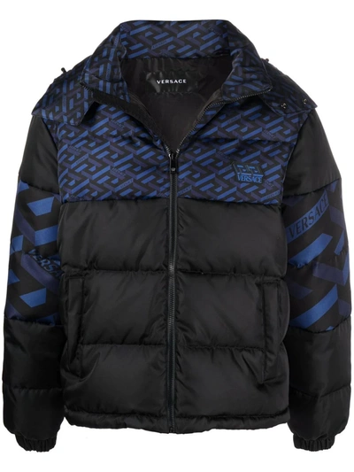 Versace Black Down Jacket With Blue Logo Pattern