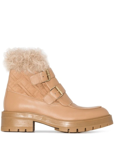 Aquazzura Ryan Faux-fur Buckle-strap Boots In Nude