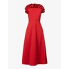 GRETA CONSTANTINE WOMENS RED VERMEER FRILL-TRIMMED SILK AND WOOL-BLEND MIDI DRESS S