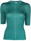 Saint Laurent Turquoise Blue Short-sleeved Metallic Knit Top In Grün