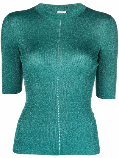 Saint Laurent Short-sleeved Metallic Knit Top In Turquoise