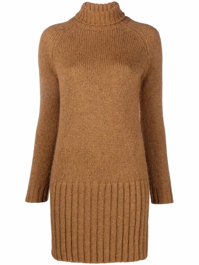 Saint Laurent Chunky-knit Ribbed-trim Dress In Brown