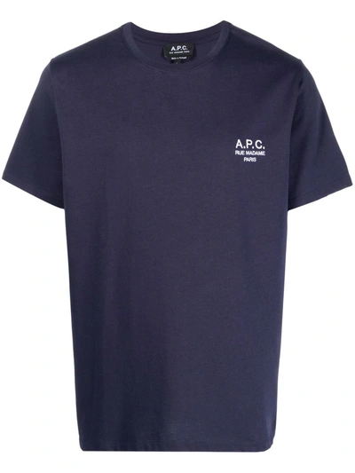 Apc Blue Cotton T-shirt With Logo Print In Dark Navy