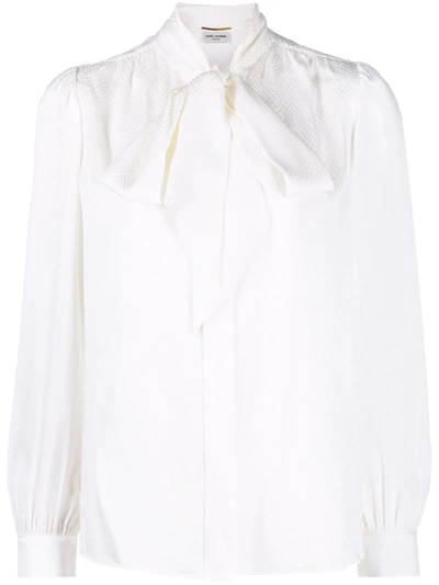 Saint Laurent Pussy-bow Collar Silk Blouse In Weiss