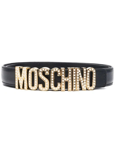 Moschino Pearl Logo Plaque Belt In Black