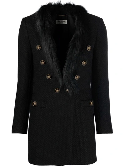 Saint Laurent Double-breasted Faux Fur-trimmed Wool-blend Tweed Blazer In Black