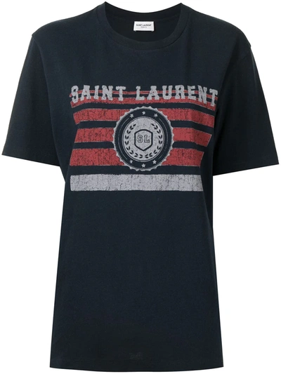 Saint Laurent Crewneck T-shirt With Logo-print In Blue