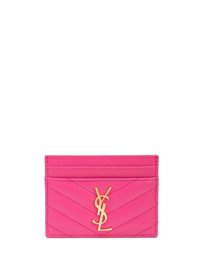 Saint Laurent Monogramme Grain De Poudre Leather Card Case, Golden Hardware In Fuxia