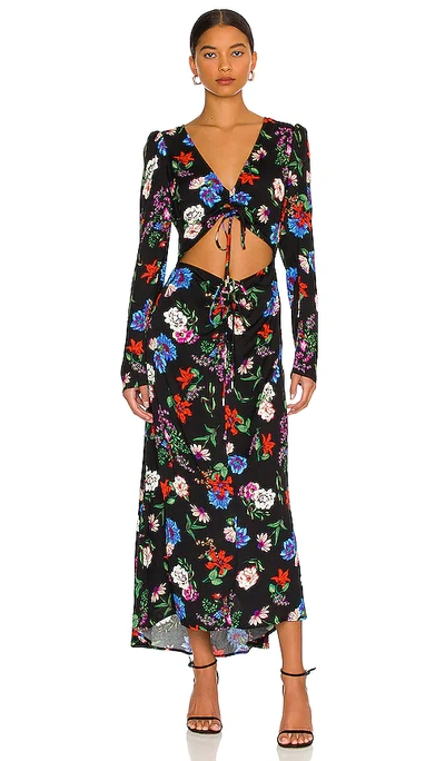 Afrm Midori Floral Cinched Front Long Sleeve Midi Dress In Fall Noir Floral