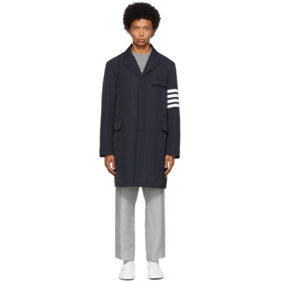 Thom Browne 4-bar Plain Weave Suiting Overcoat In Blue