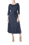 Nina Leonard Crew Neck 3/4 Length Sleeve Midi Dress In Navy/ White Multi