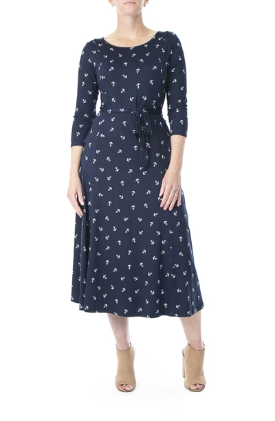 Nina Leonard Crew Neck 3/4 Length Sleeve Midi Dress In Navy/ White Multi