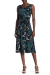 Nina Leonard Crew Neck Sleeveless Midi Dress In Teal Multi