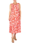 Nina Leonard Crew Neck Sleeveless Midi Dress In Coral Combo