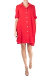 Nina Leonard Elbow Sleeve Textured Shirt Dress In Candy Apple