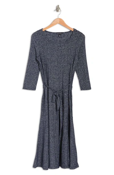 Nina Leonard Three-quarter Sleeve A-line Metallic Ribbed Midi Dress In Navy/ Silver