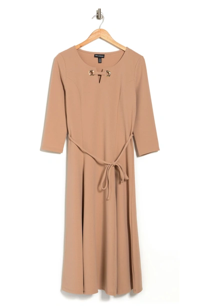 Nina Leonard Sylvia Grommet Split Neck Tea Dress In Khaki