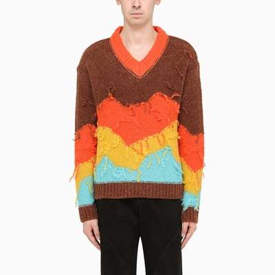 Andersson Bell Fringed Colourblock V-neck Jumper In Brown