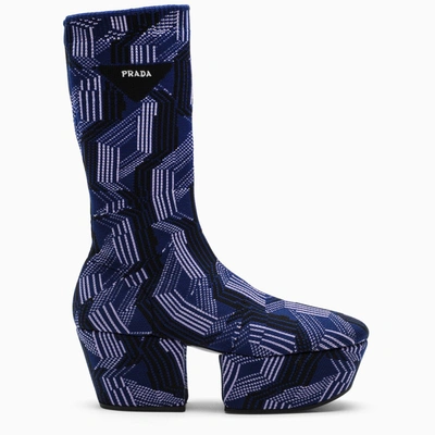 Prada Blue/black/wisteria Jacquard Knitted Wedge Boots In Purple