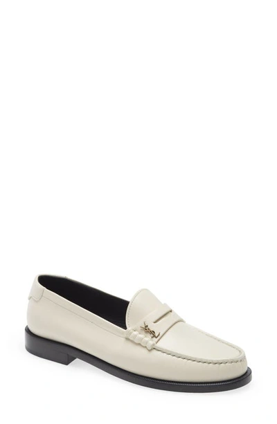 Saint Laurent Monogram-plaque Slip-on Loafers In Perla