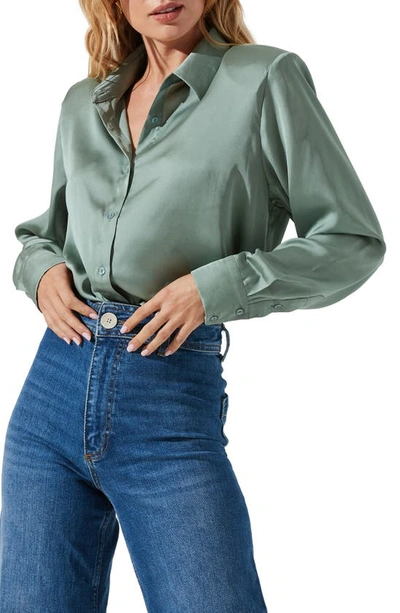 Astr Satin Button-up Shirt In Sage