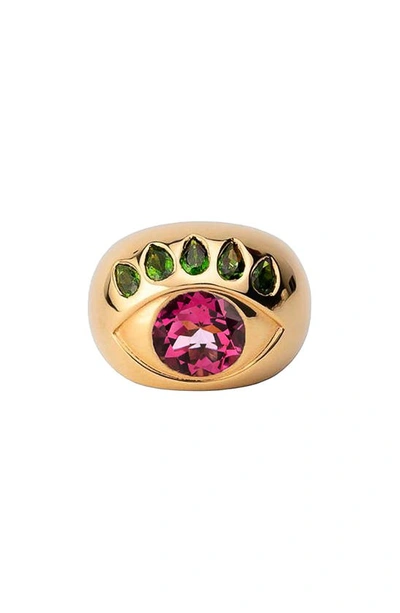Nevernot Ready To See You 18k Yellow Gold Topaz; Tsavorite Ring In Pink Topaz